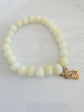 Baby Yellow Beaded Stretch Bracelet with Gold Baby Bottle Charm New Baby Gift
